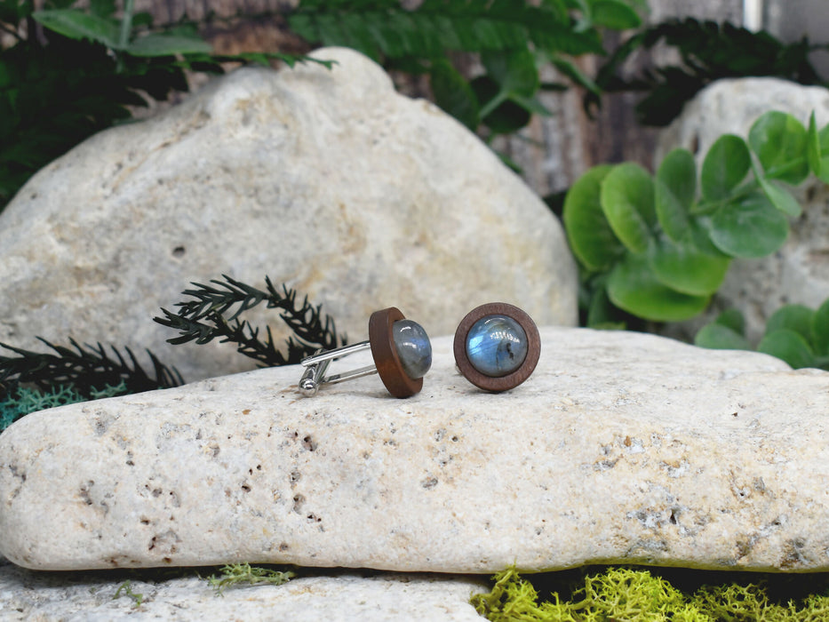 Wood Cufflinks with Labradorite Stone #171