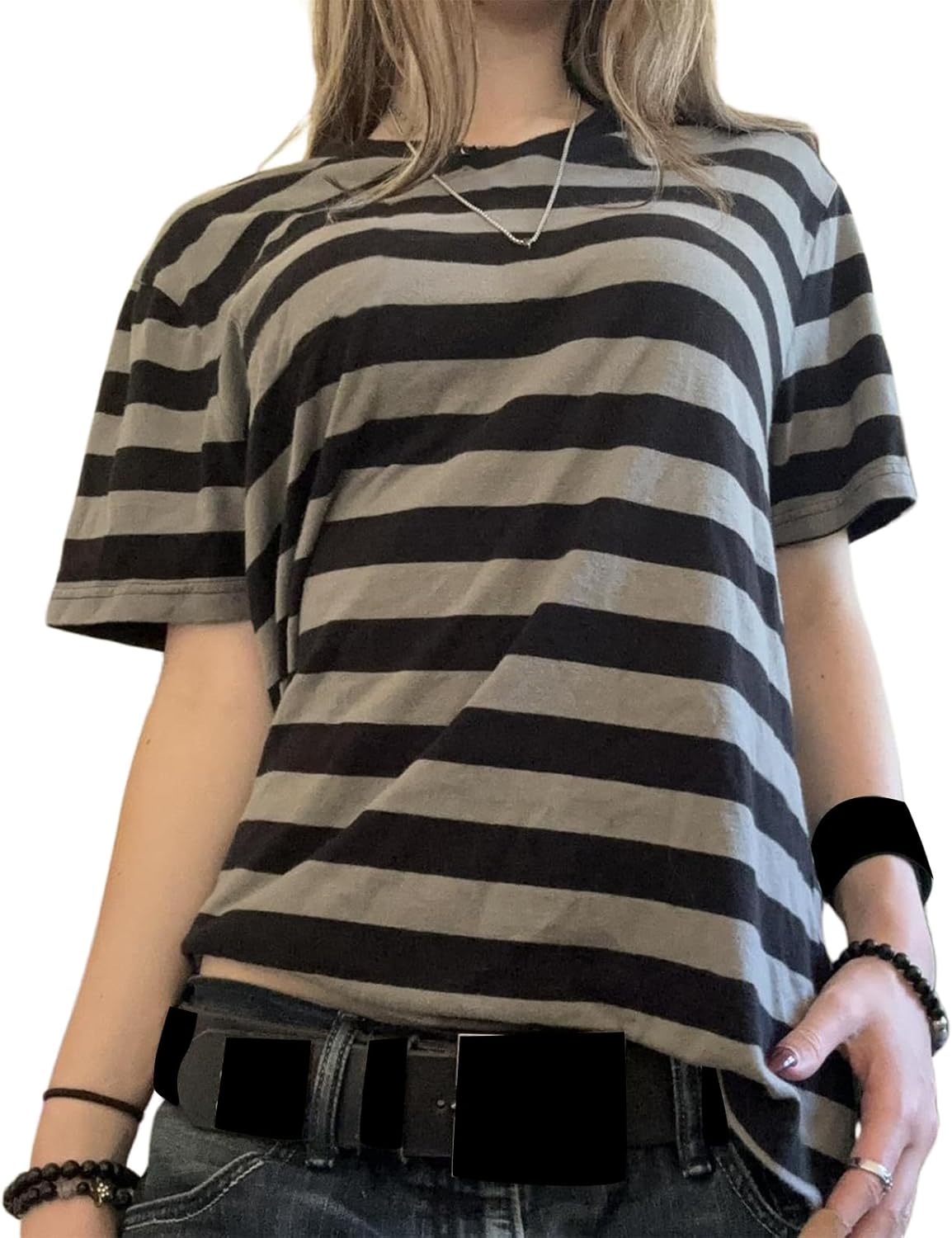 Women Y2k Striped Grunge Shirt Short Sleeve Crewneck T-Shirts Vintage 90s Goth Aesthetic Emos Tops Fairycore Clothes