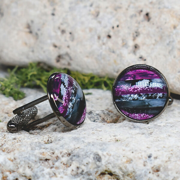 Black Steel Cufflinks with Abstract Glass #124