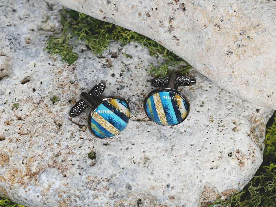 Black Steel Cufflinks with Abstract Glass #121