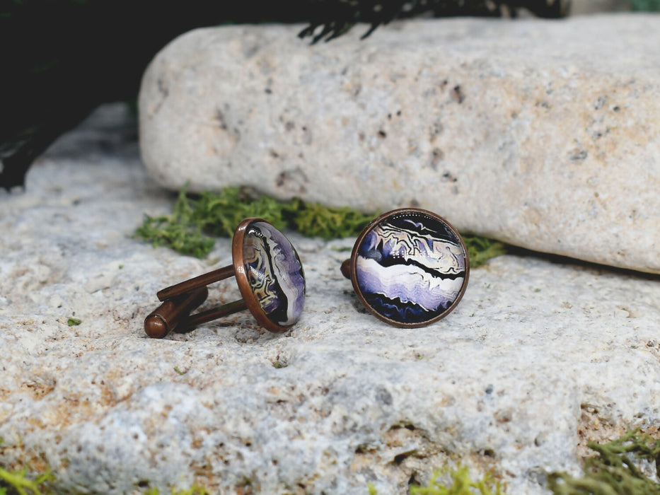 Copper Steel Cufflinks with Abstract Marble Glass #149