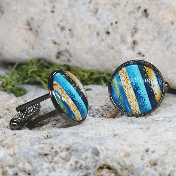 Black Steel Cufflinks with Abstract Glass #121