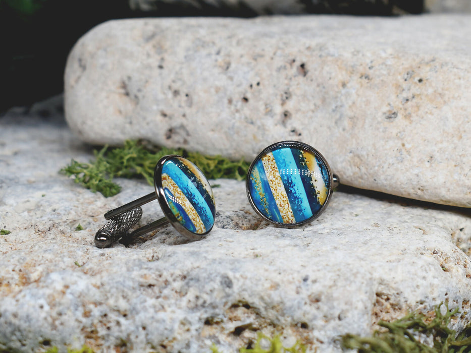 Black Steel Cufflinks with Abstract Glass #121