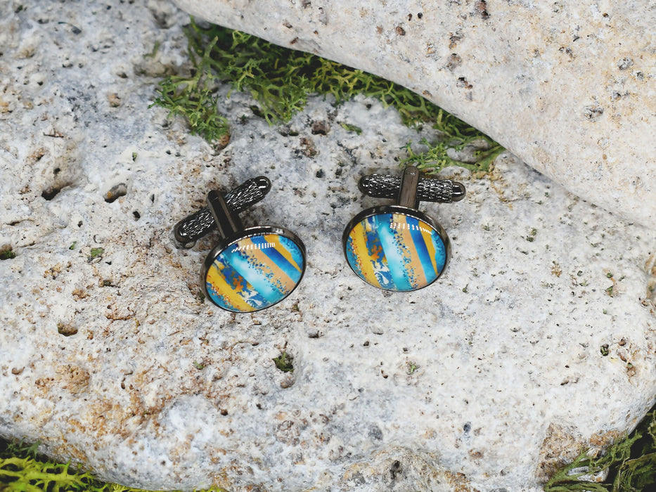Black Steel Cufflinks with Abstract Glass #125