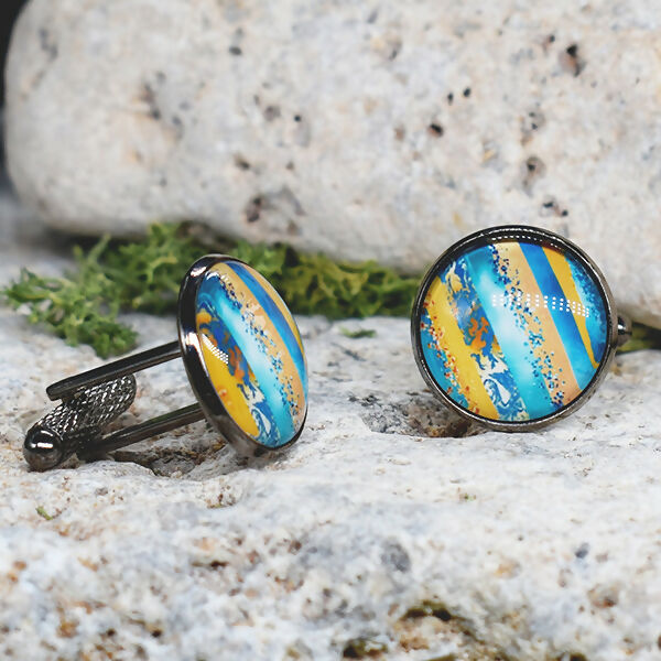 Black Steel Cufflinks with Abstract Glass #125