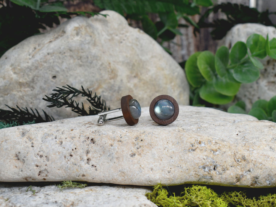 Wood Cufflinks with Labradorite Stone #172