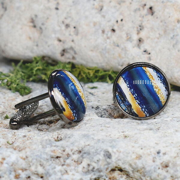Black Steel Cufflinks with Abstract Glass #123