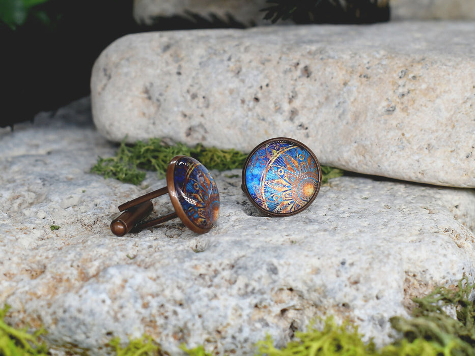 Copper Steel Cufflinks with Marocco Mandala Glass #139
