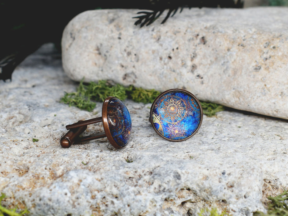 Copper Steel Cufflinks with Marocco Mandala Glass #144
