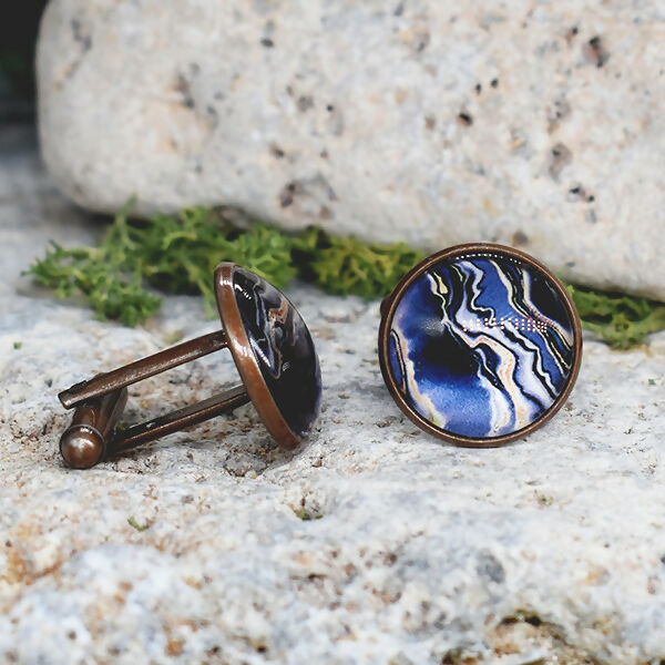 Copper Steel Cufflinks with Abstract Marble Glass #154