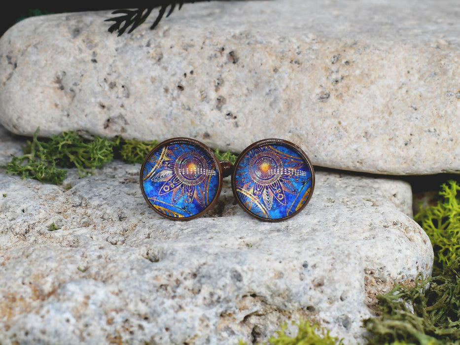 Copper Steel Cufflinks with Marocco Mandala Glass #148