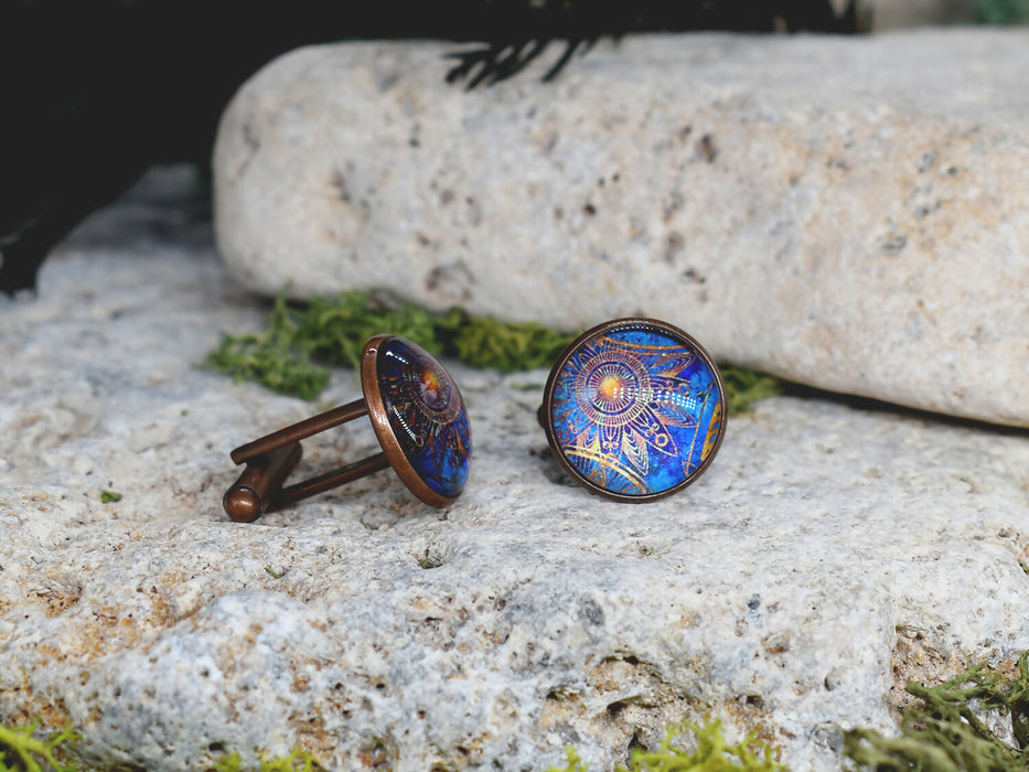 Copper Steel Cufflinks with Marocco Mandala Glass #148