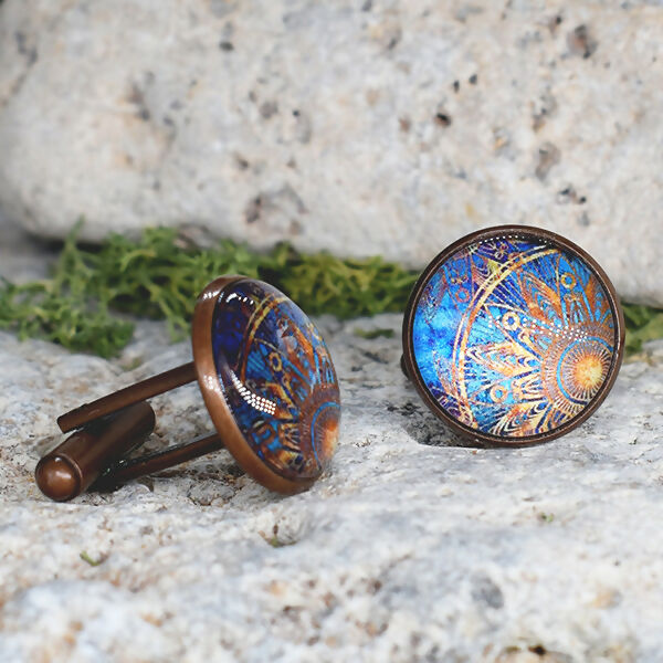 Copper Steel Cufflinks with Marocco Mandala Glass #139