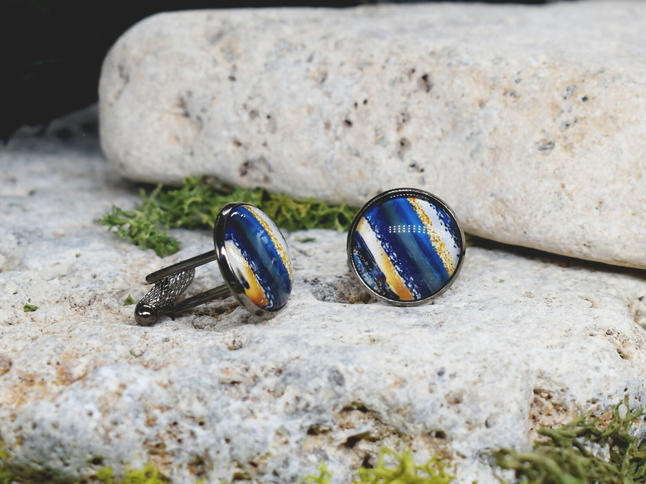 Black Steel Cufflinks with Abstract Glass #123